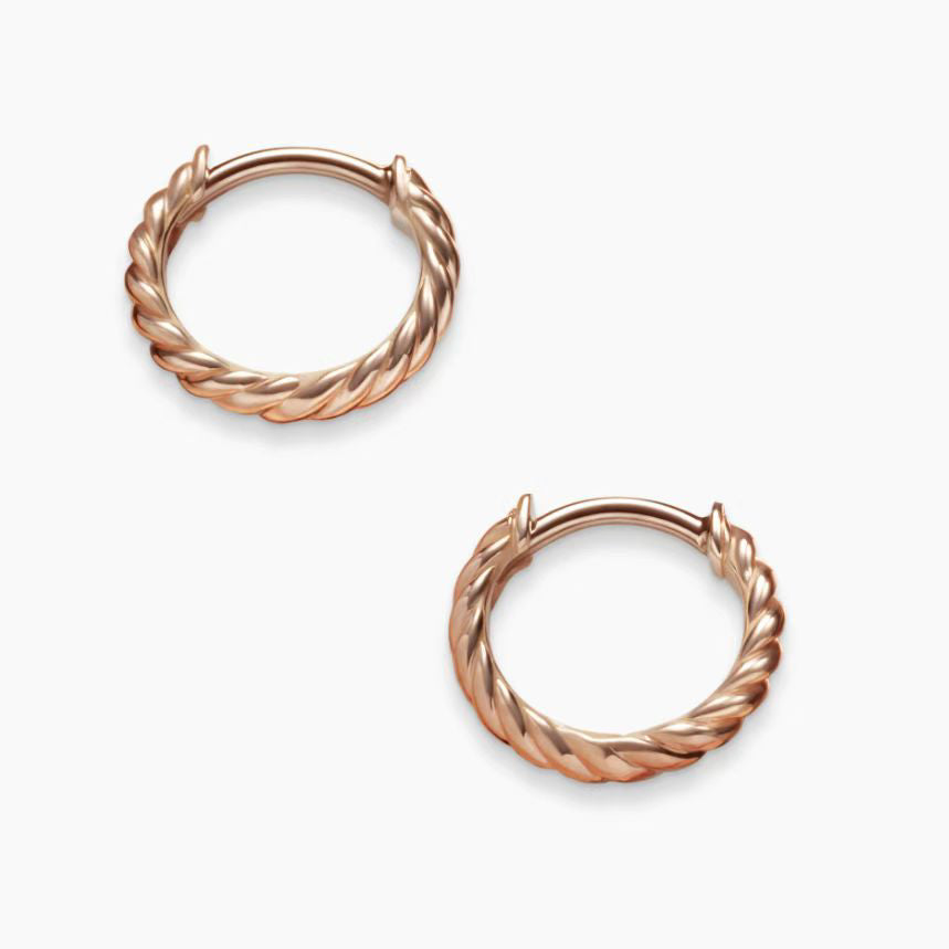Rose Gold Sculpted Cable Huggie Hoop Earrings - Twisted Rope Circle Earrings with Hinge Clicker Closure
