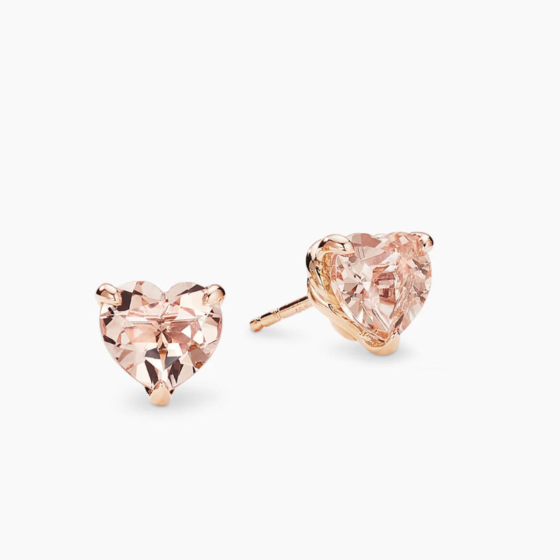 Rose Gold Heart-Shaped Morganite Stud Earrings – 8mm Faceted Pink Gemstone Prong-Set Studs