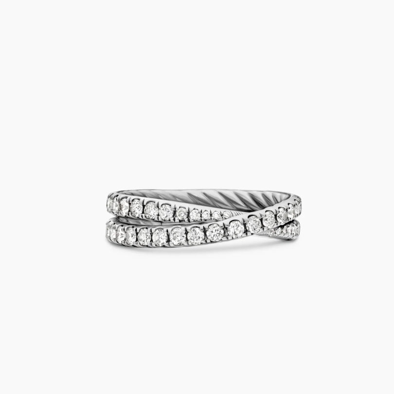 David Yurman Crossover Collection Silver Interwoven Cable Ring—Double-row twisted cable ring; a luxurious choice for wedding bands and anniversary gifts.