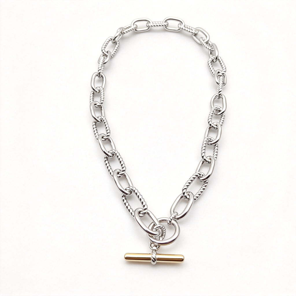 David Yurman Sculpted Cable T-Clasp Link Necklace – Two-Tone Silver Design, Luxury Jewelry