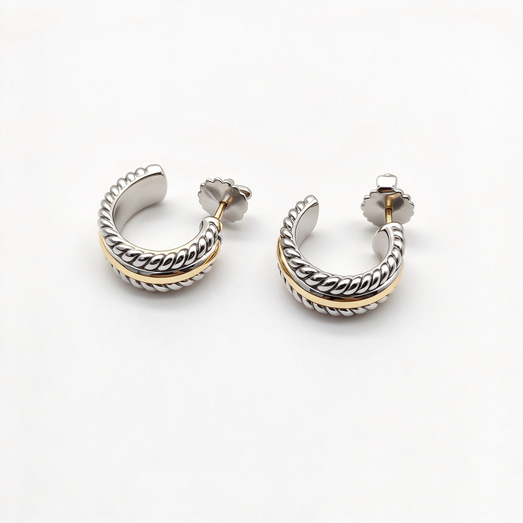 David Yurman Cable Loop Collection Gold Earrings — Iconic Cable-style hoop earrings | Two-tone luxury designer jewelry