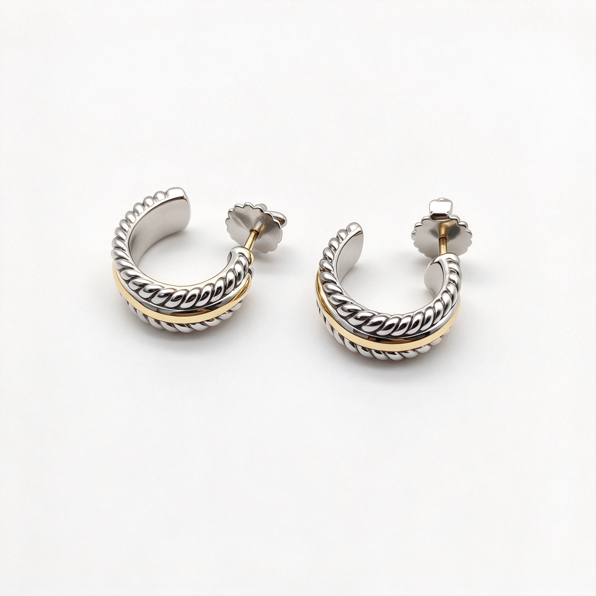 David Yurman Cable Loop Collection Gold Earrings — Iconic Cable-style hoop earrings | Two-tone luxury designer jewelry