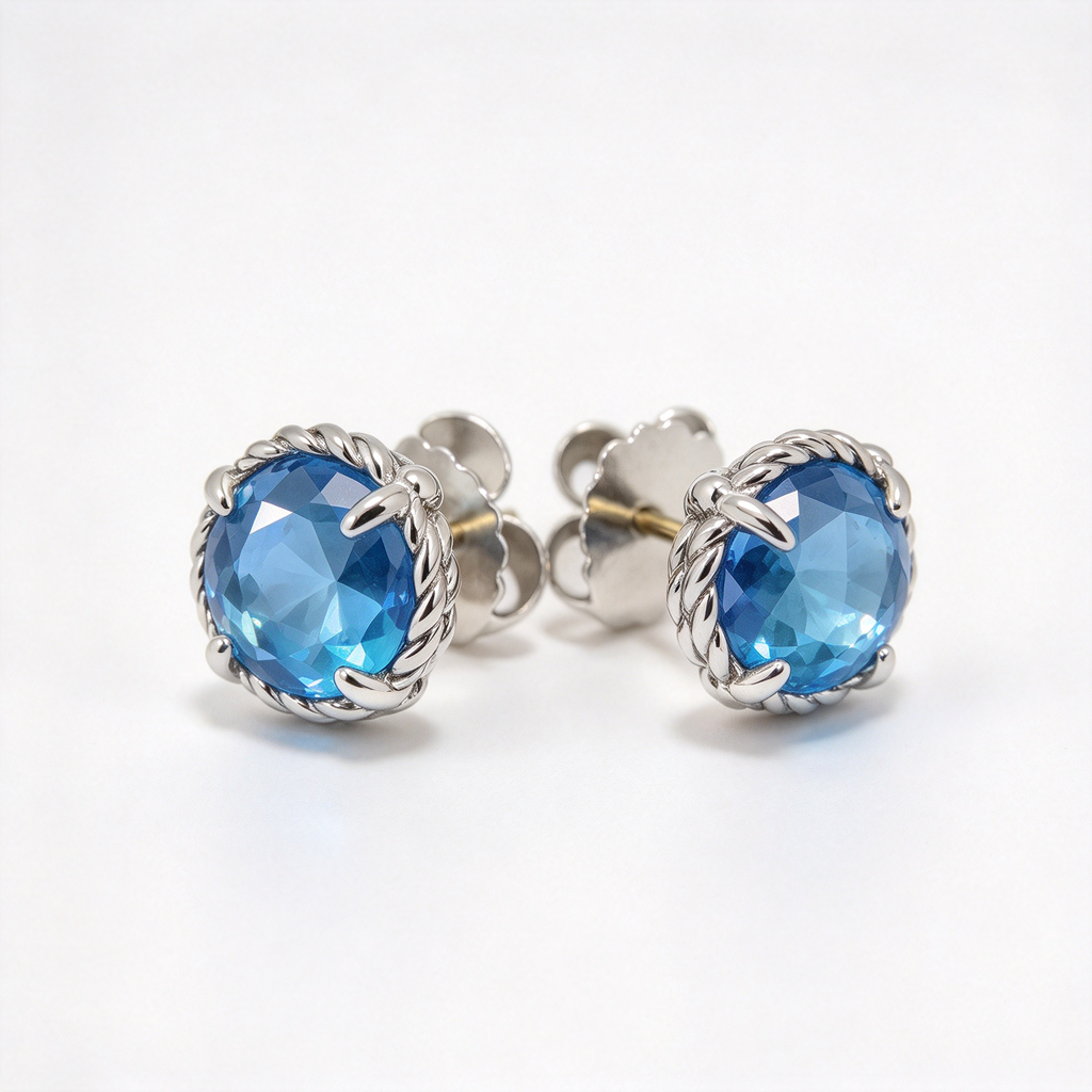 David Yurman Cable Classics Blue Topaz Stud Earrings — Faceted Gemstone Earrings with Silver Posts
