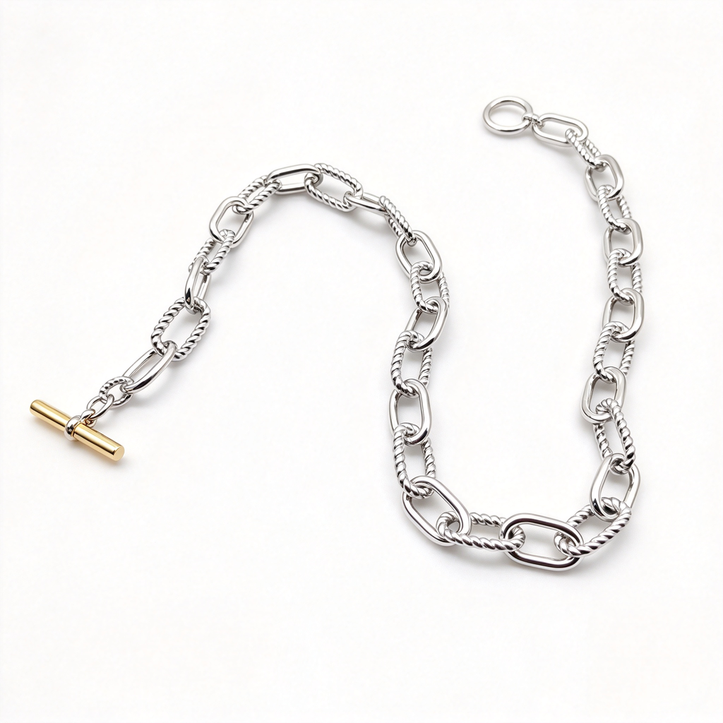 David Yurman Sculpted Cable T-Clasp Link Necklace – Two-Tone Silver Design, Luxury Jewelry