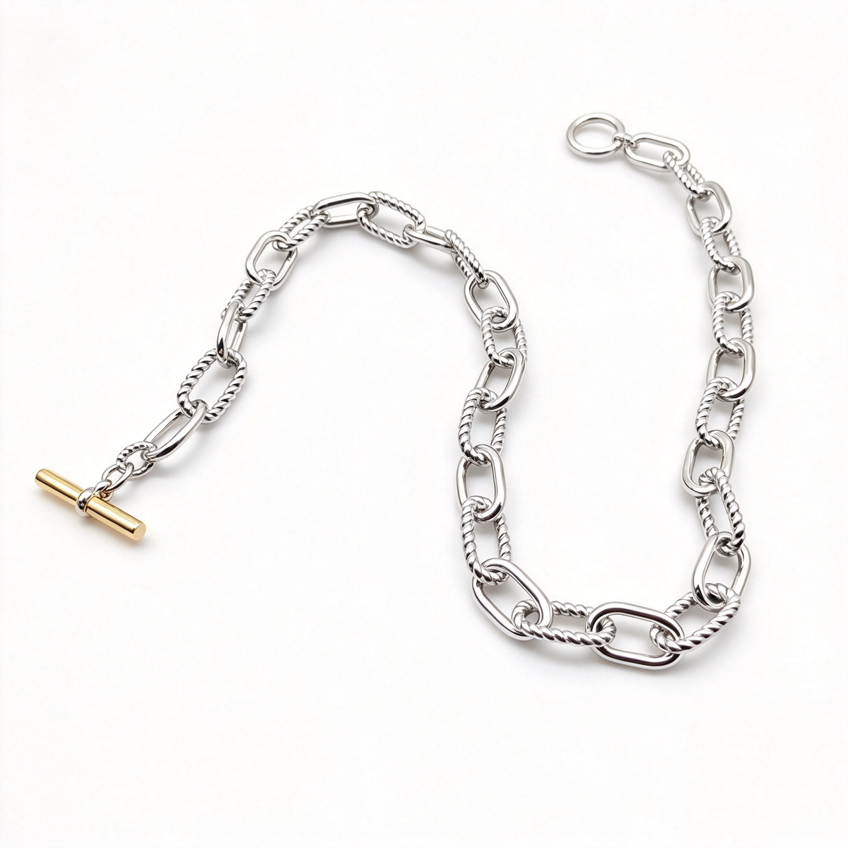 David Yurman Sculpted Cable T-Clasp Link Necklace – Two-Tone Silver Design, Luxury Jewelry