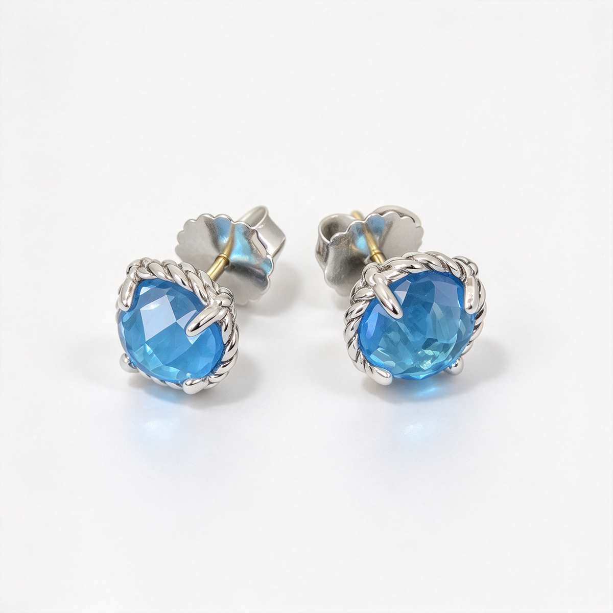 David Yurman Cable Classics Blue Topaz Stud Earrings — Faceted Gemstone Earrings with Silver Posts
