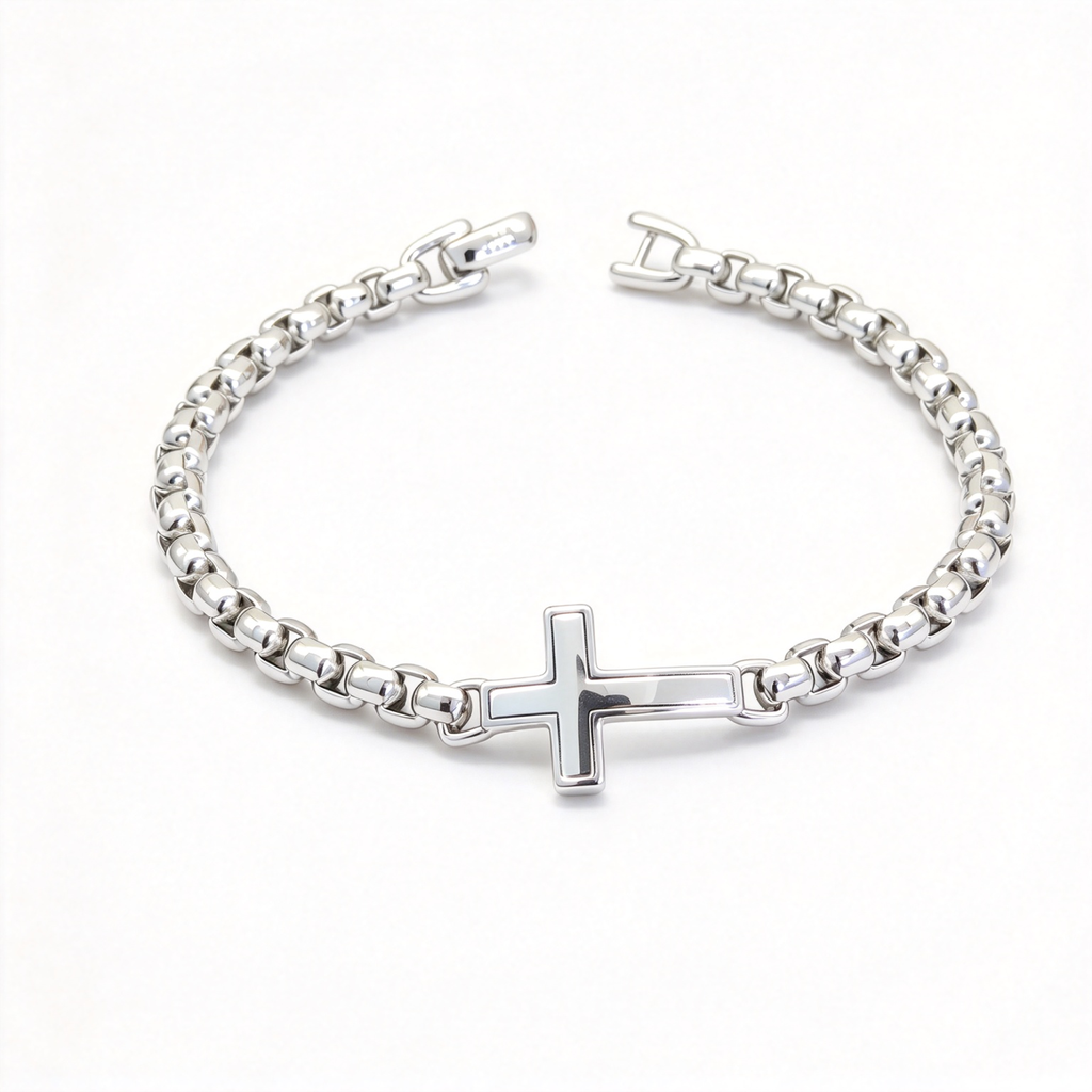 David Yurman Silver Cross Chain Bracelet—5mm Cable-Link Chain with T-Bar Clasp