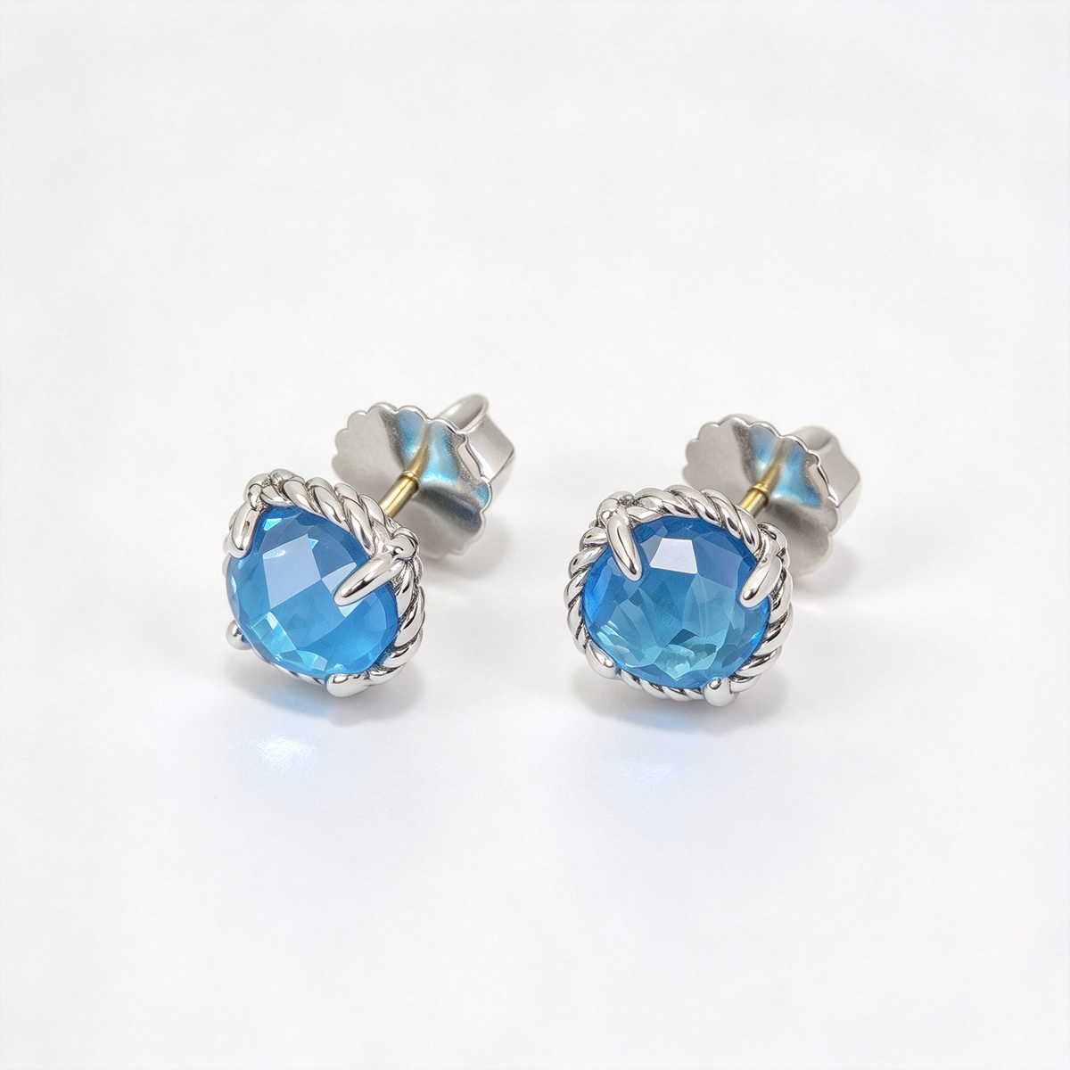 David Yurman Cable Classics Blue Topaz Stud Earrings — Faceted Gemstone Earrings with Silver Posts
