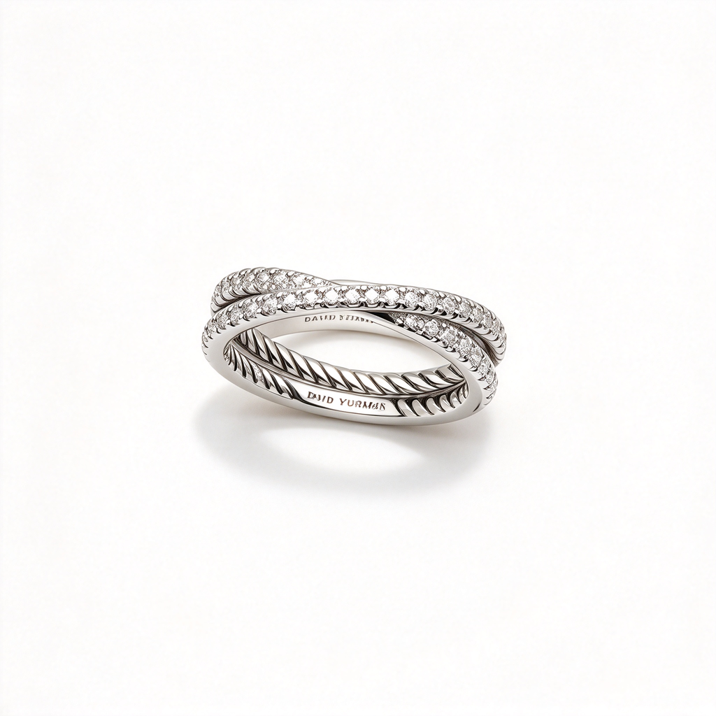 David Yurman Crossover Collection Silver Interwoven Cable Ring—Double-row twisted cable ring; a luxurious choice for wedding bands and anniversary gifts.