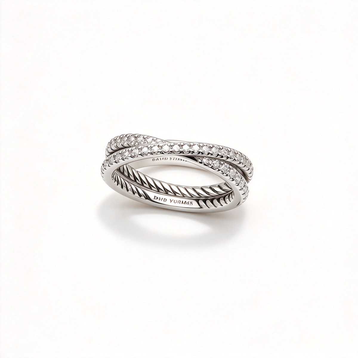 David Yurman Crossover Collection Silver Interwoven Cable Ring—Double-row twisted cable ring; a luxurious choice for wedding bands and anniversary gifts.