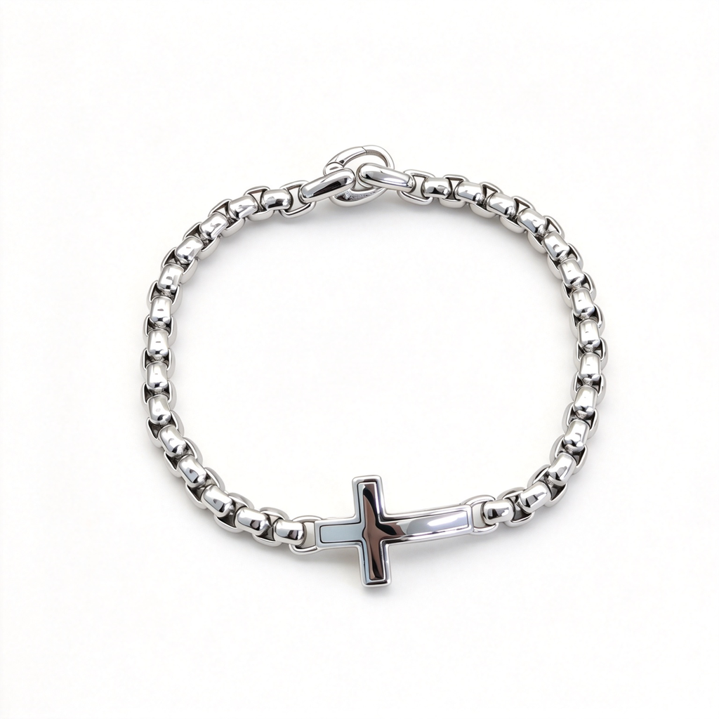 David Yurman Silver Cross Chain Bracelet—5mm Cable-Link Chain with T-Bar Clasp