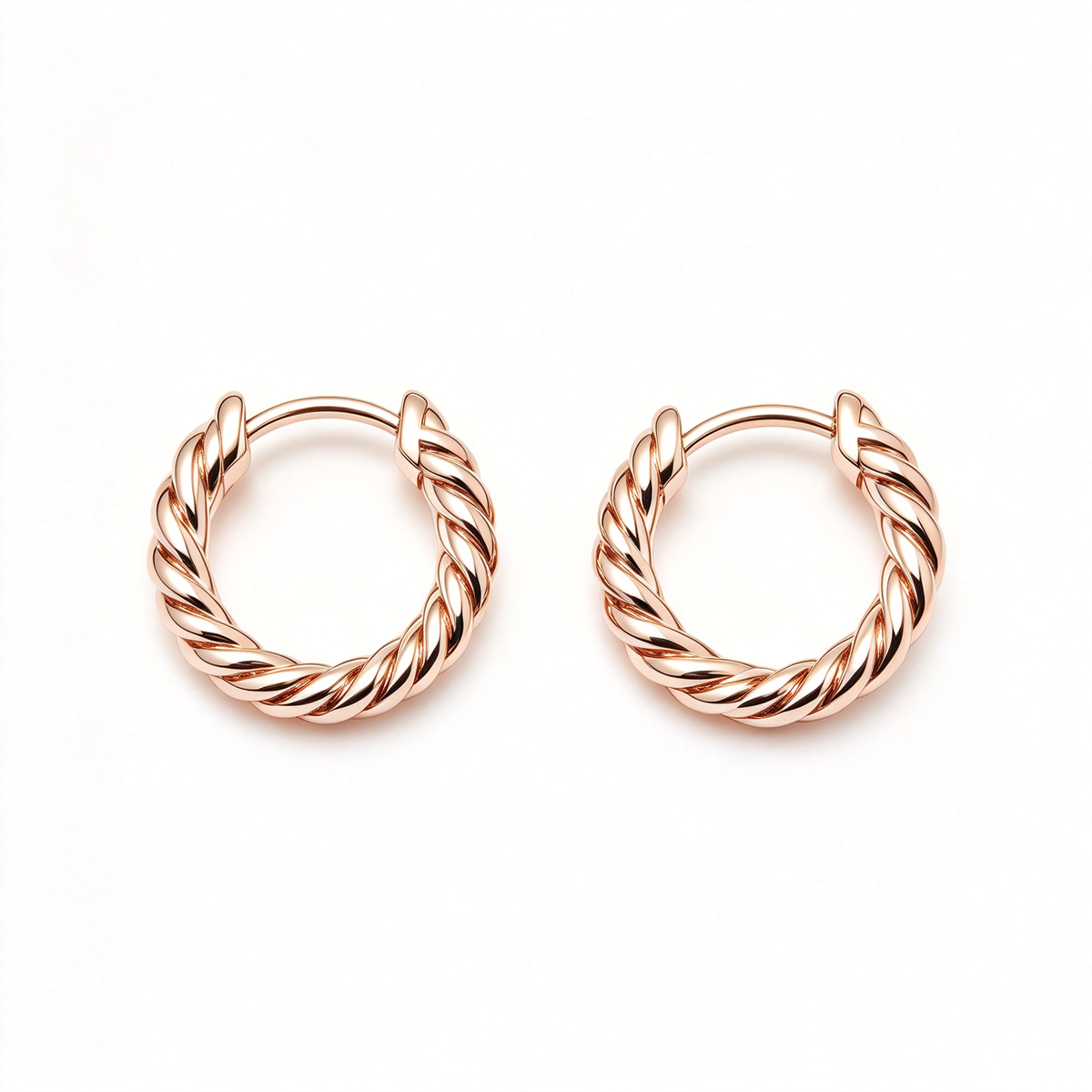 Rose Gold Sculpted Cable Huggie Hoop Earrings - Twisted Rope Circle Earrings with Hinge Clicker Closure