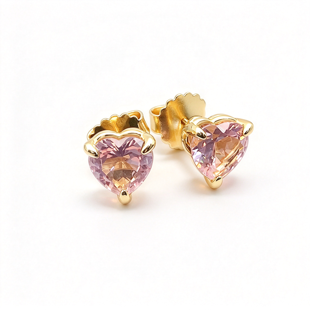 Rose Gold Heart-Shaped Morganite Stud Earrings – 8mm Faceted Pink Gemstone Prong-Set Studs