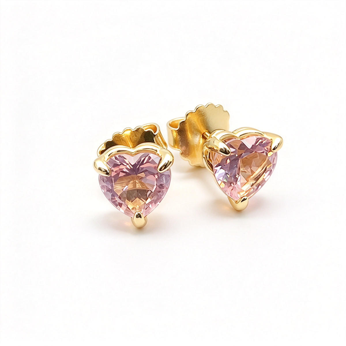 Rose Gold Heart-Shaped Morganite Stud Earrings – 8mm Faceted Pink Gemstone Prong-Set Studs
