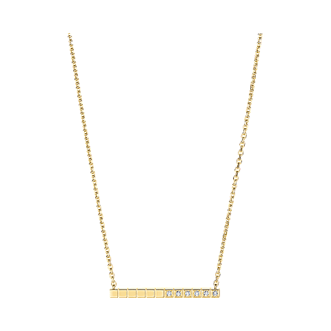 Chopard Ice Cube Collection Necklace – yellow gold, rectangular pendant partially set with diamonds.